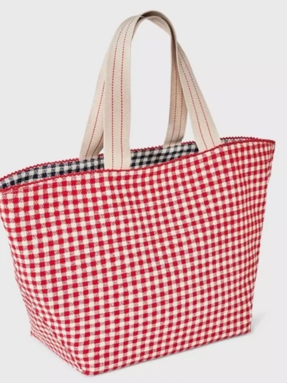 Universal Thread Red Gingham Reversible Tote with Cream Handles